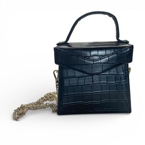 ZARA Faux Animal Embossed Crossbody Box Bag in Black with Gold Detachable Strap